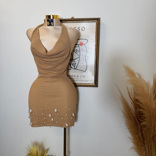 Halter Neck Pearl Embellished Knit Mini Dress-Mocha