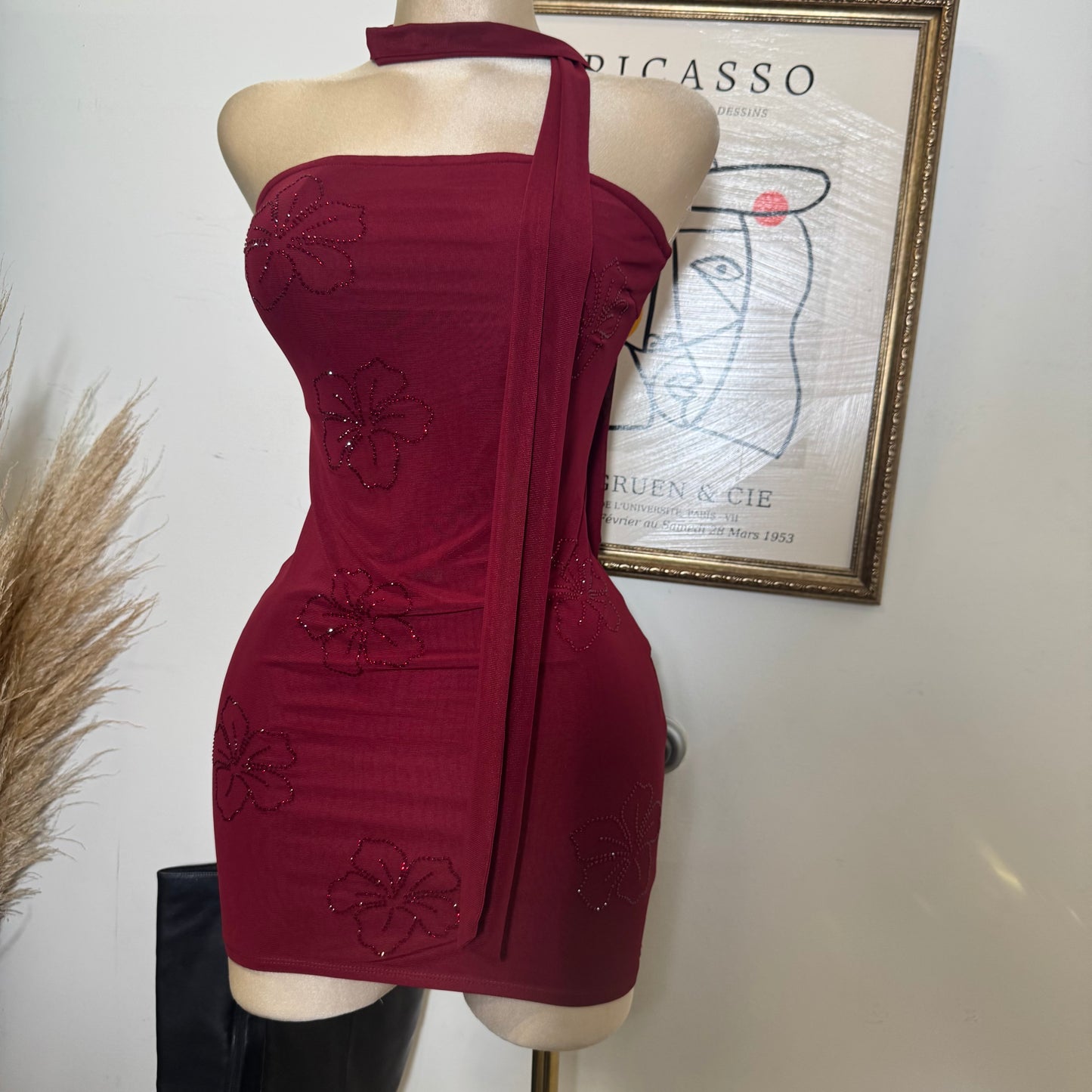 Tube Mini Dress With Scarf-Burgundy