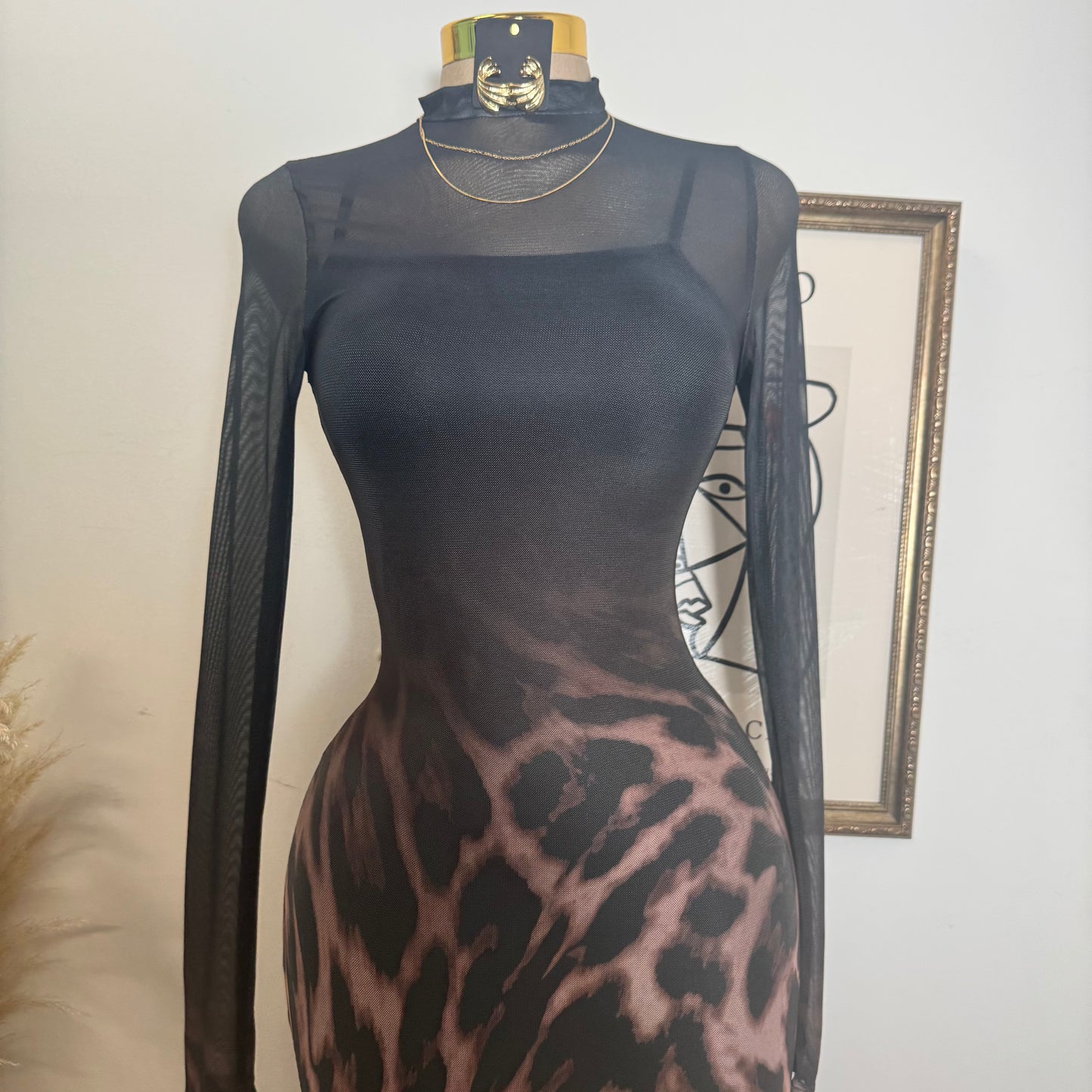 Animal Ombré Midi Mesh Dress-Black/Brown