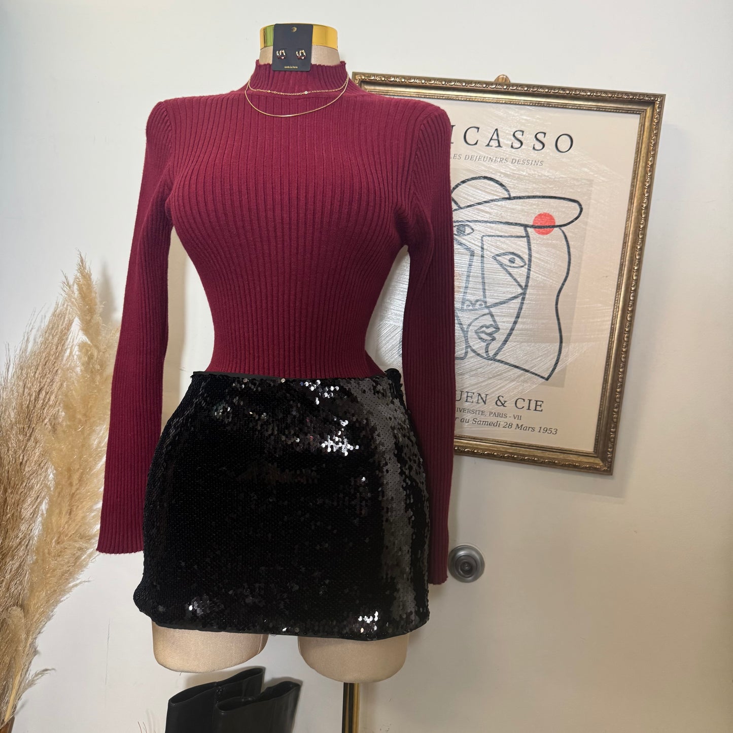Ribbed Mock Neck Long sleeve-Burgundy