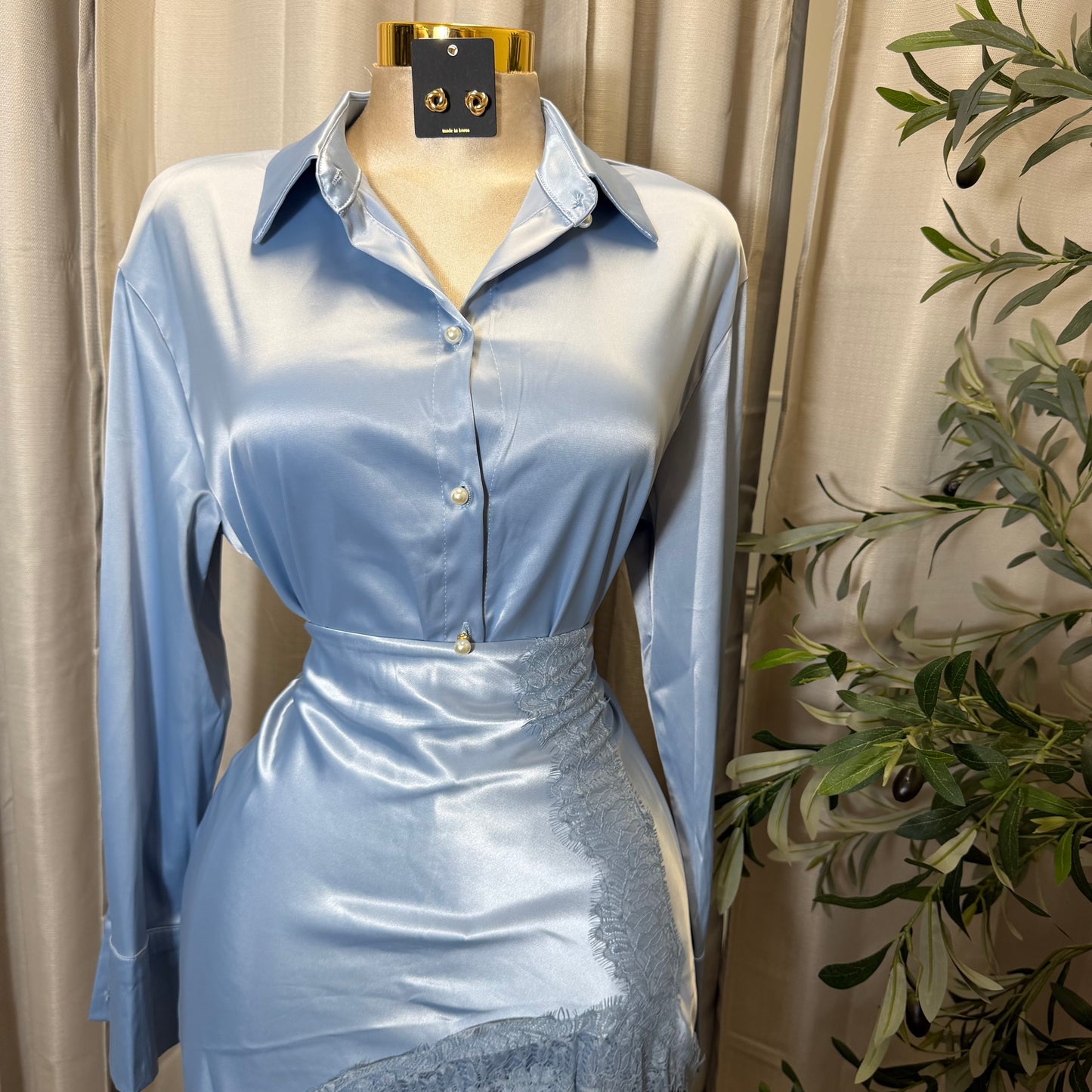 Satin Long Sleeve Top with Lace Skirt-Blue