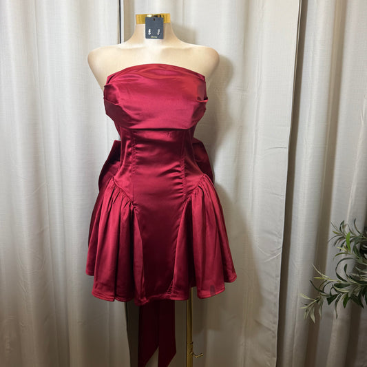 Satin Strapless Corset Lace up Bow Mini Dress-Burgundy