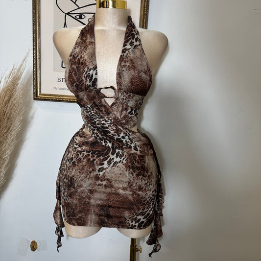 Sleeveless Halter Animal Print Mini Dress-Brown