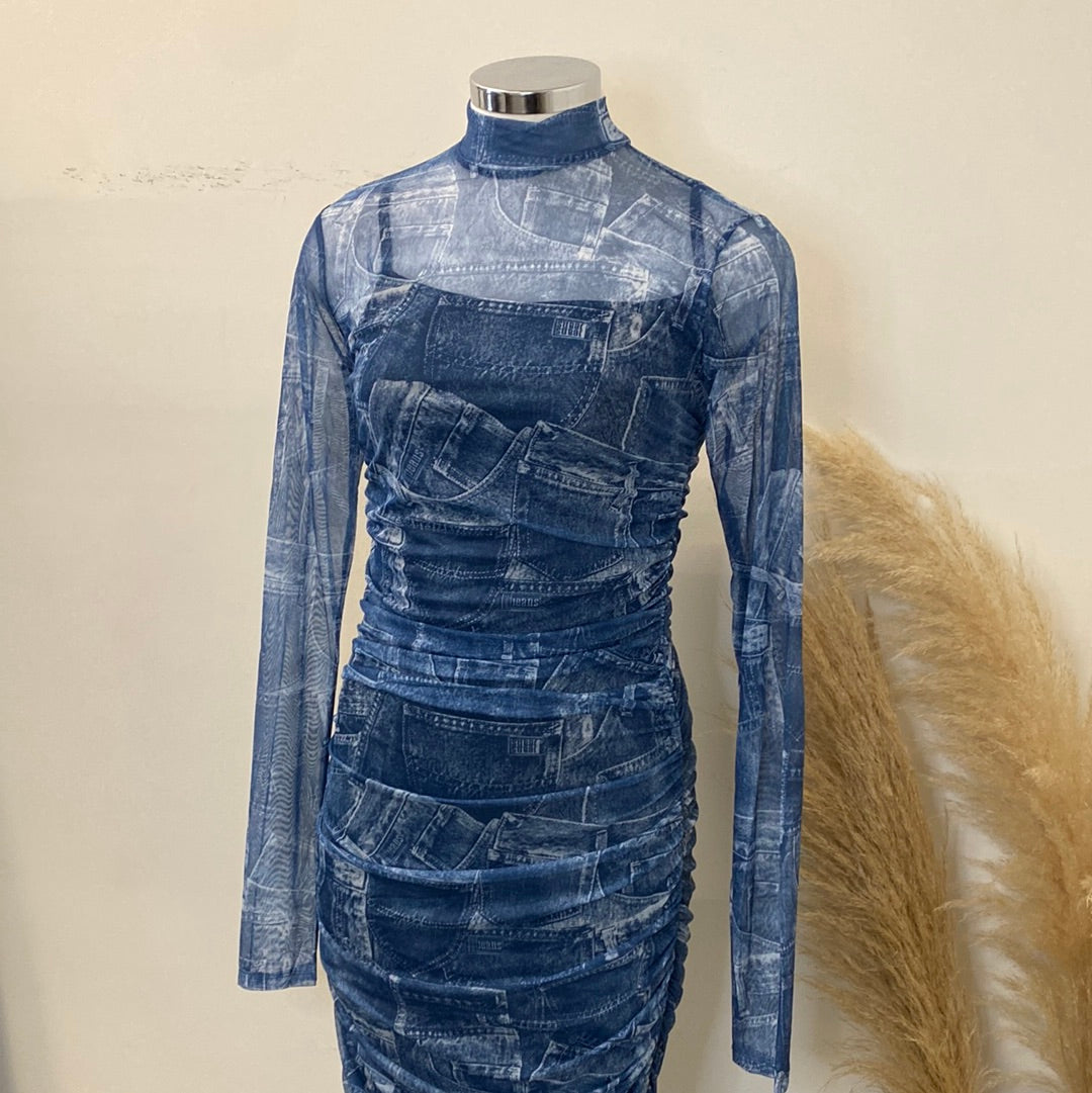 Denim Print Mesh Dress-Blue