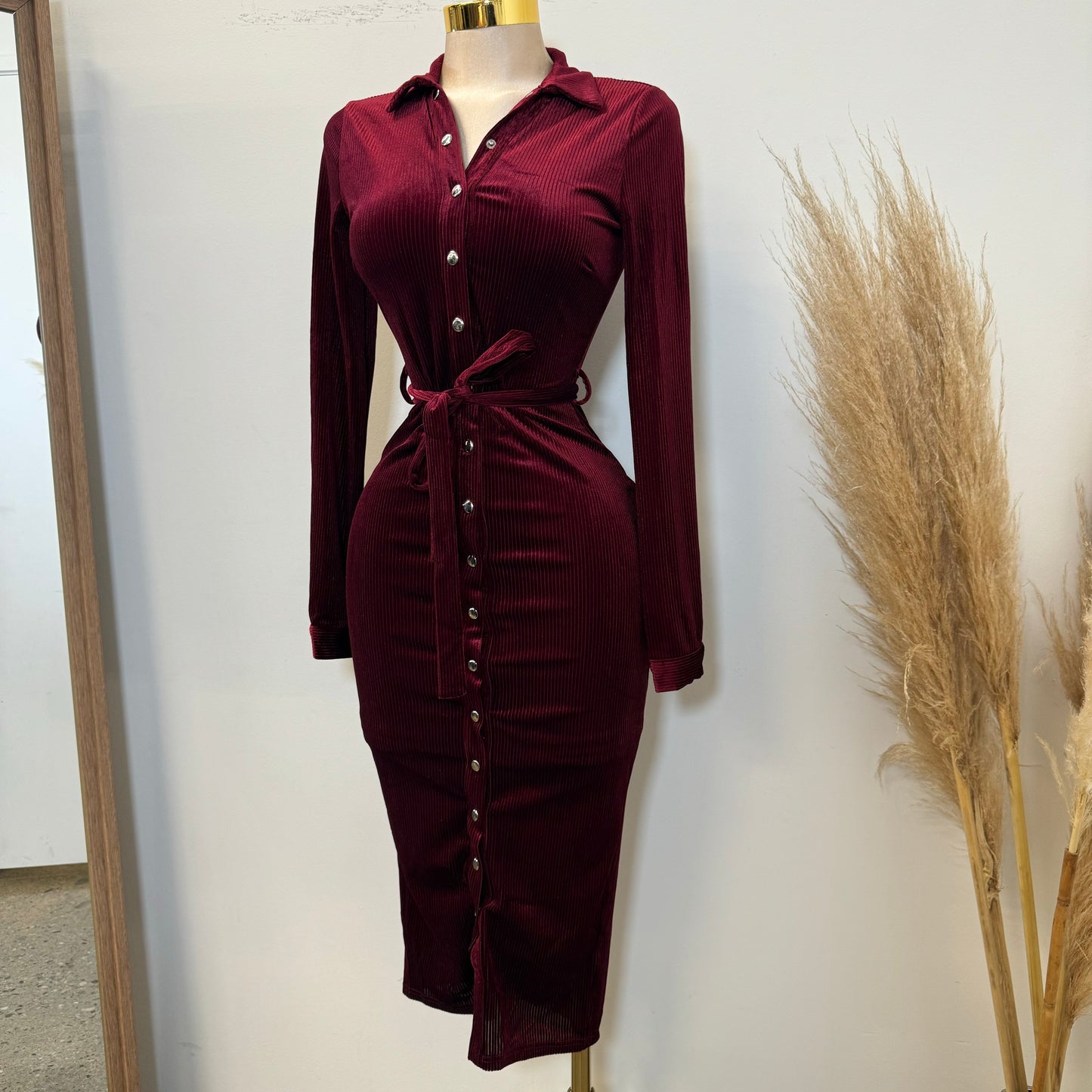 Lena Corduroy Button Down Midi Dress-Burgundy