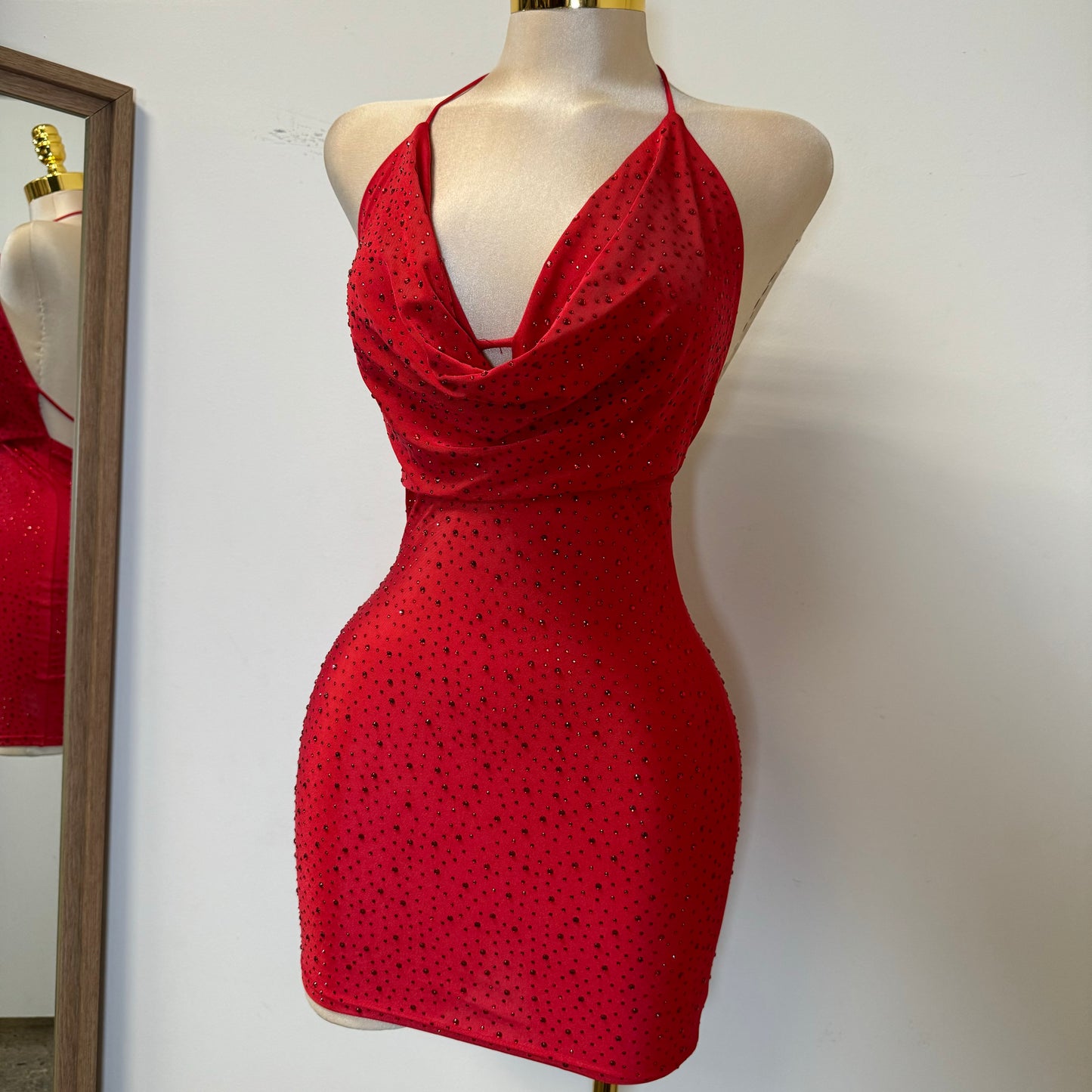 Cowl Rhinestone Dress-Red