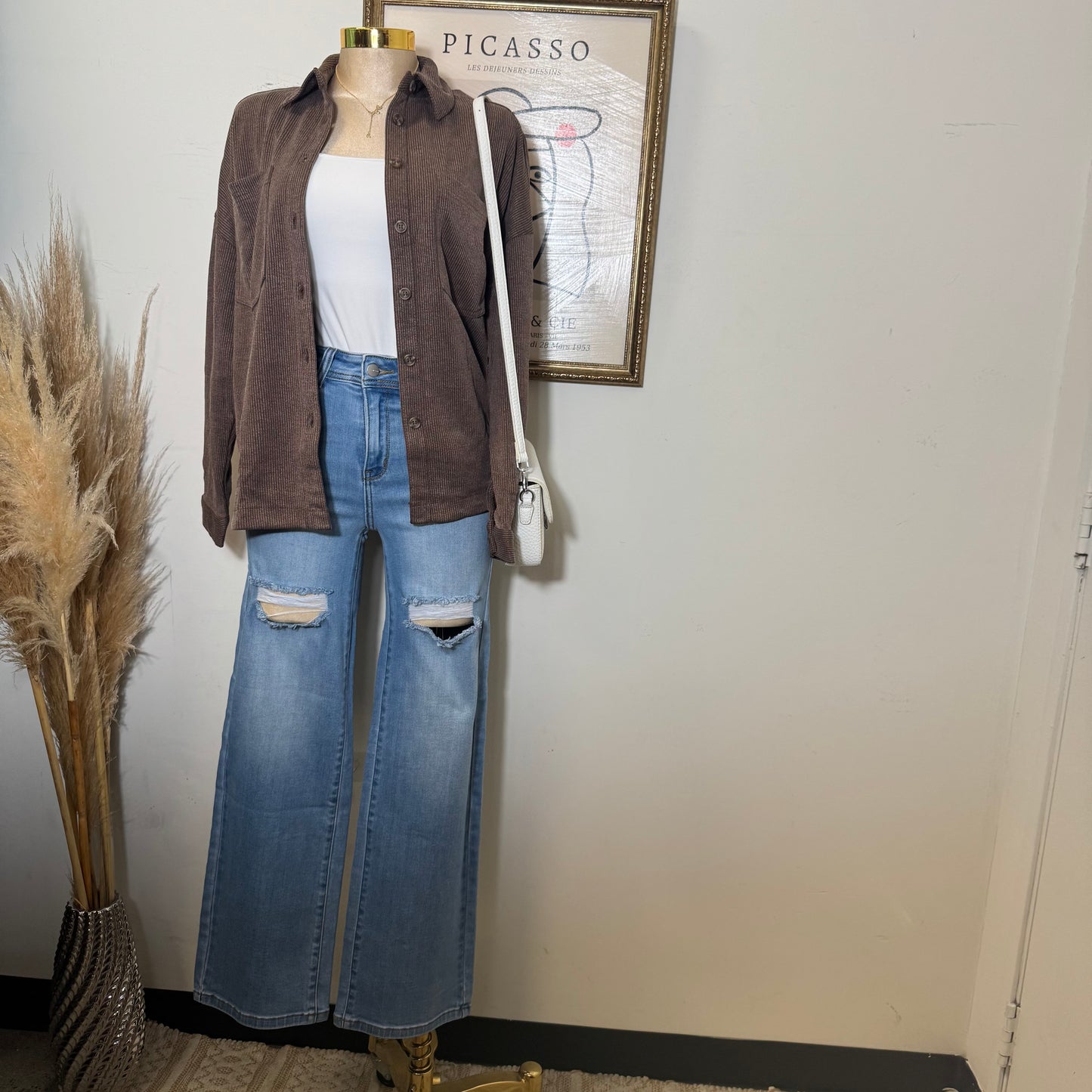 Oversized Pinstripe Collared Button Down Shacket-brown