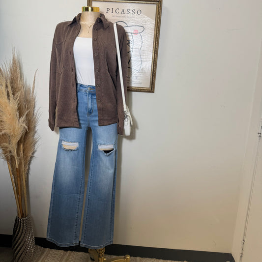 Oversized Pinstripe Collared Button Down Shacket-brown