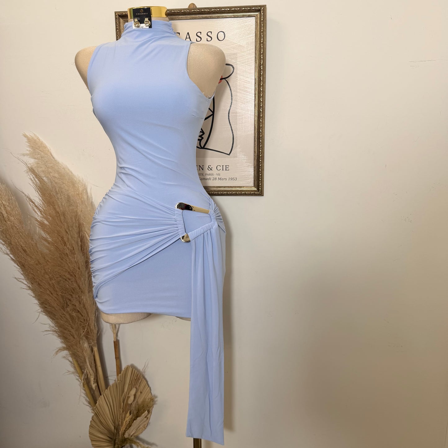 Mock Neck Front Sash With Trim Detail Mini Dress- Baby Blue