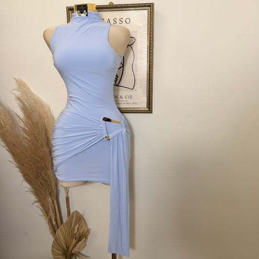 Mock Neck Front Sash With Trim Detail Mini Dress- Baby Blue