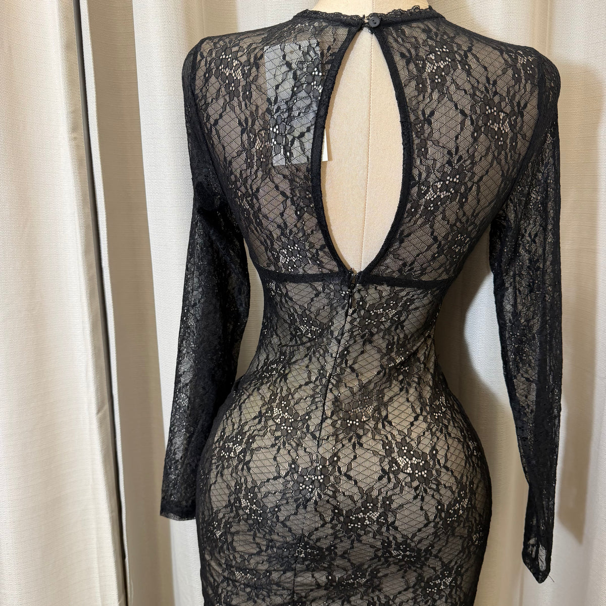 Lace  Long sleeve Sleeve Corset  Midi Dress-Black