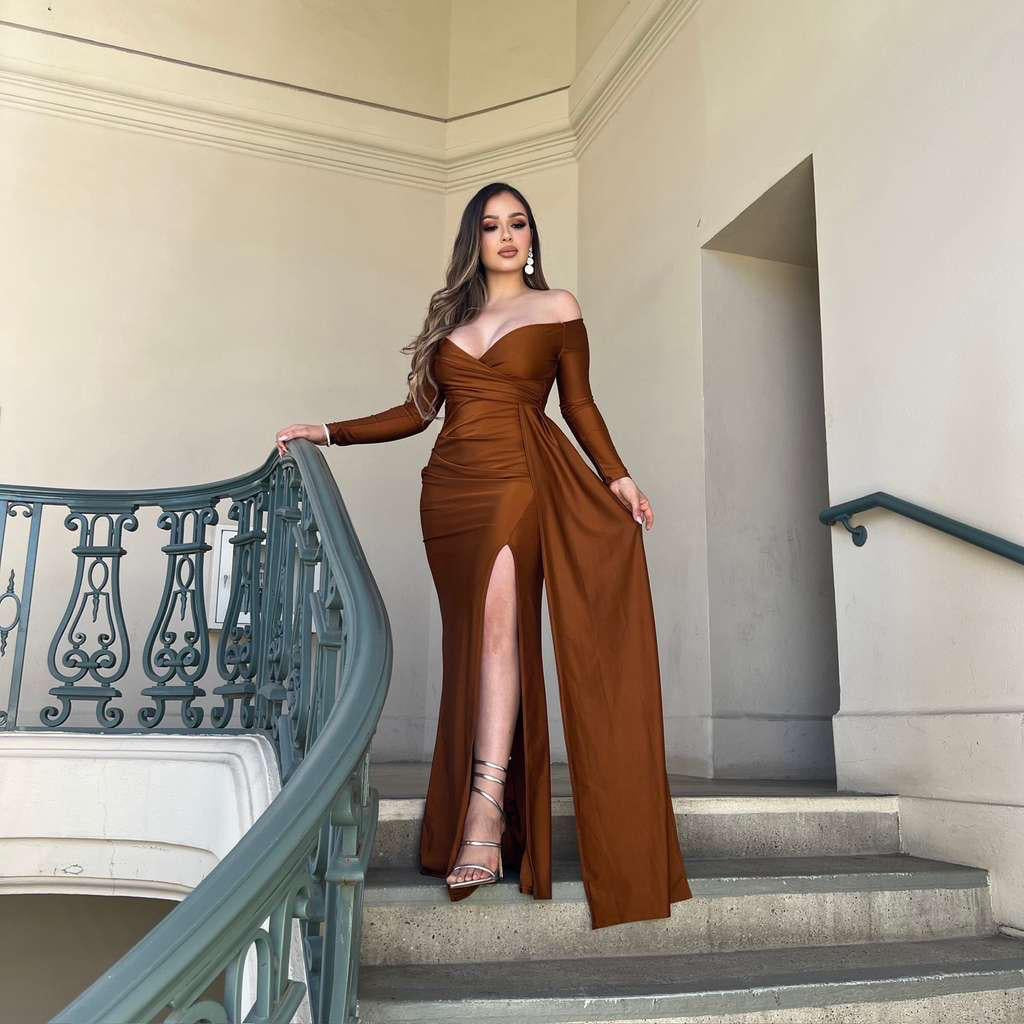 Off shoulder long sleeve Maxi Dress-Mocha Brown