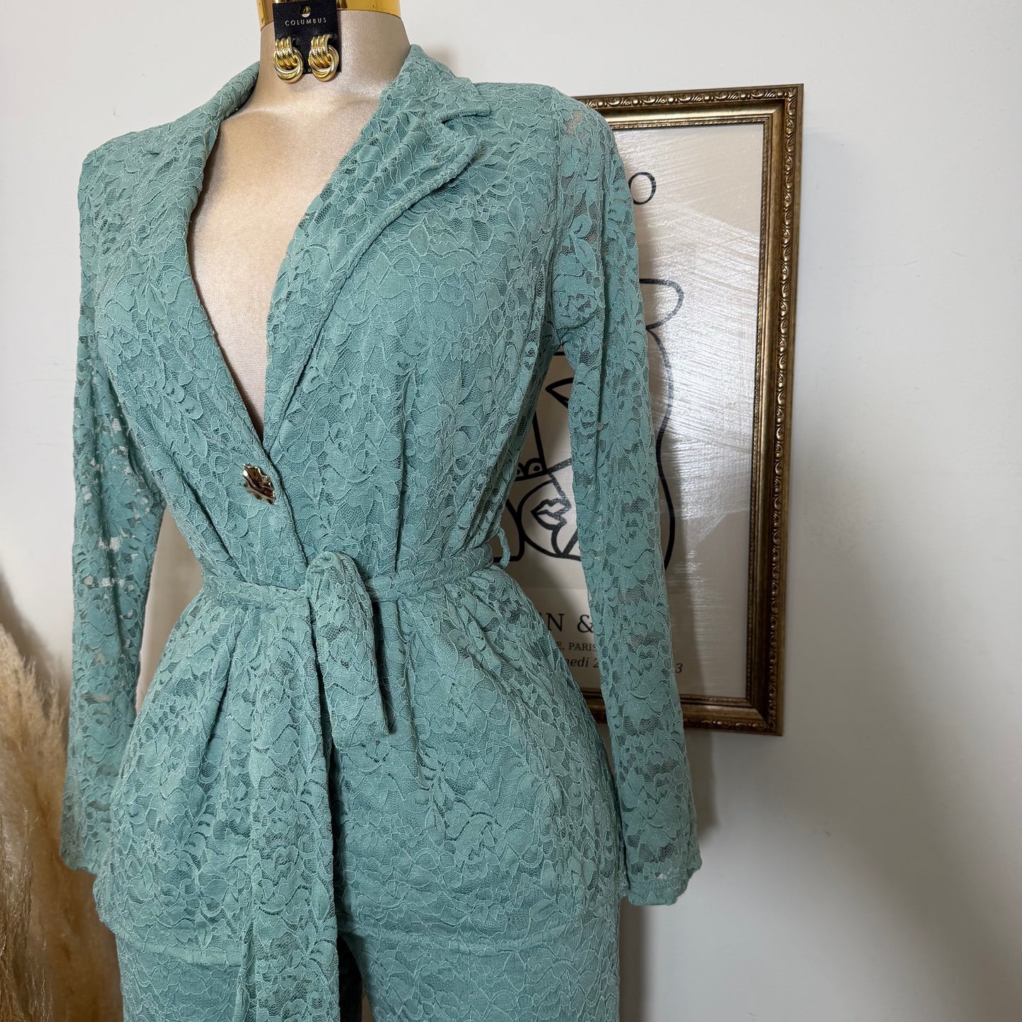 Lace blazer Pant Set -Sage Green