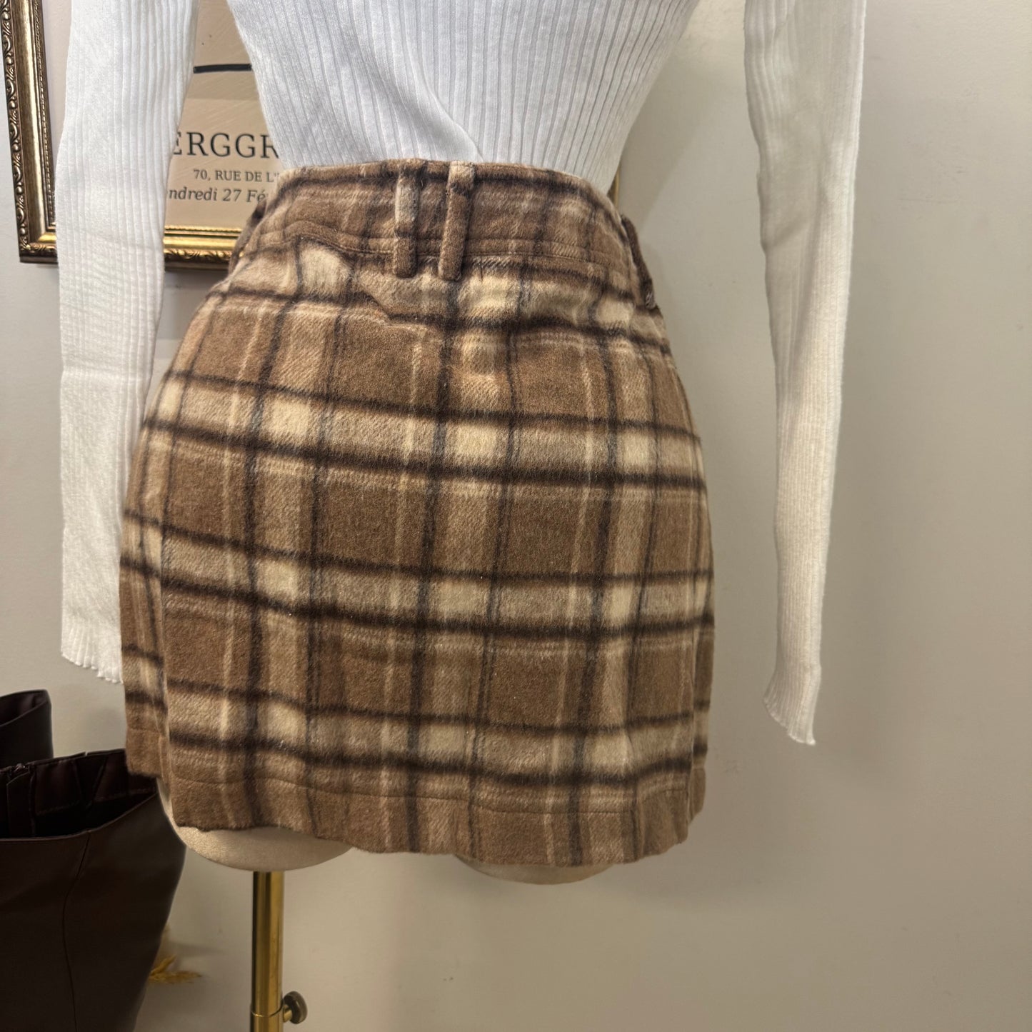 Brushed Plaid Mini Skirt-Khaki