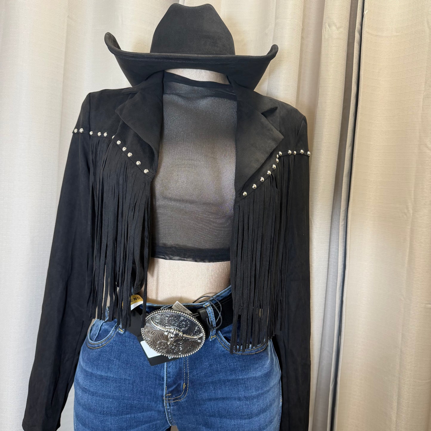 Suede Fringe Stud Jacket-Black