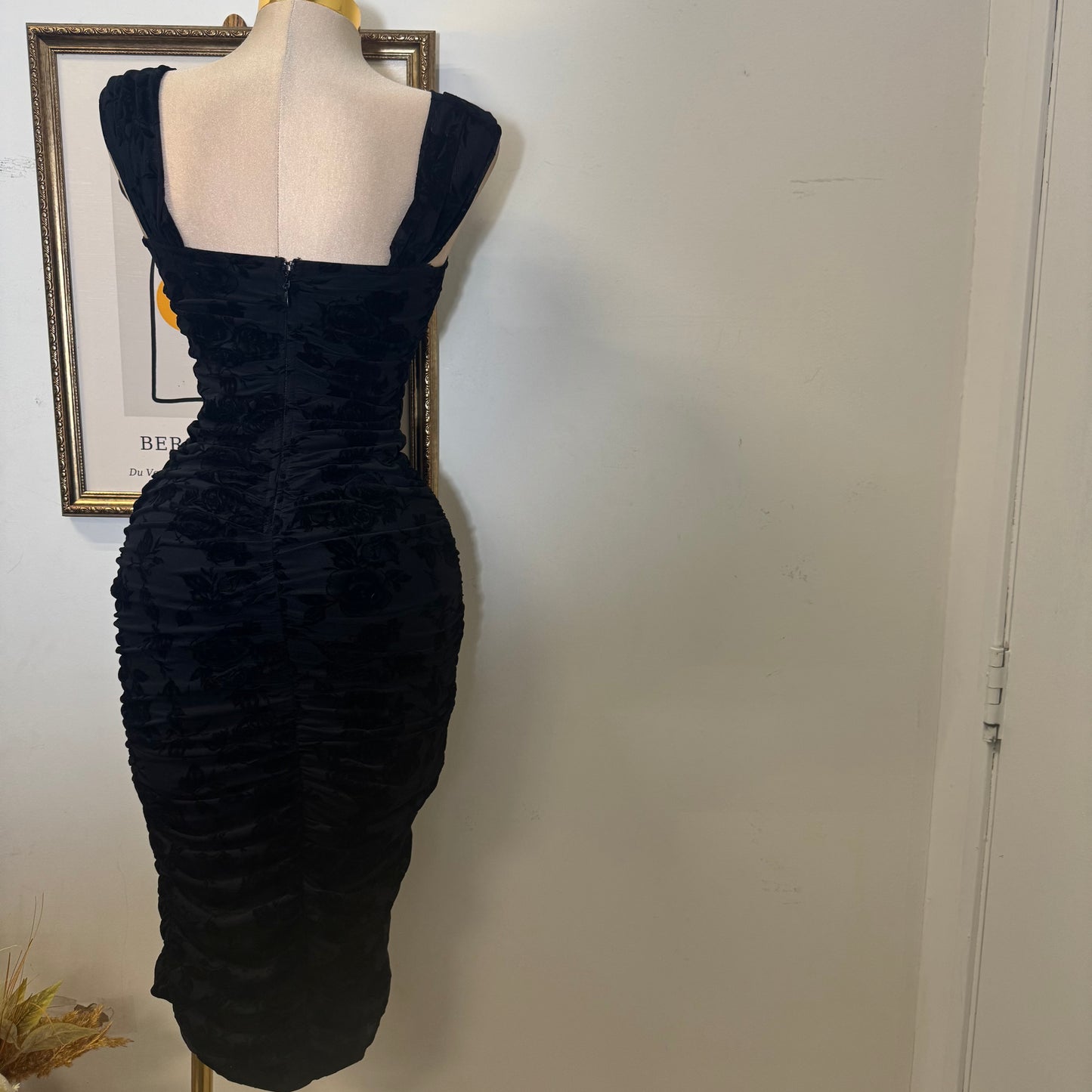 Off the shoulder Ruched Midi Dress- Black