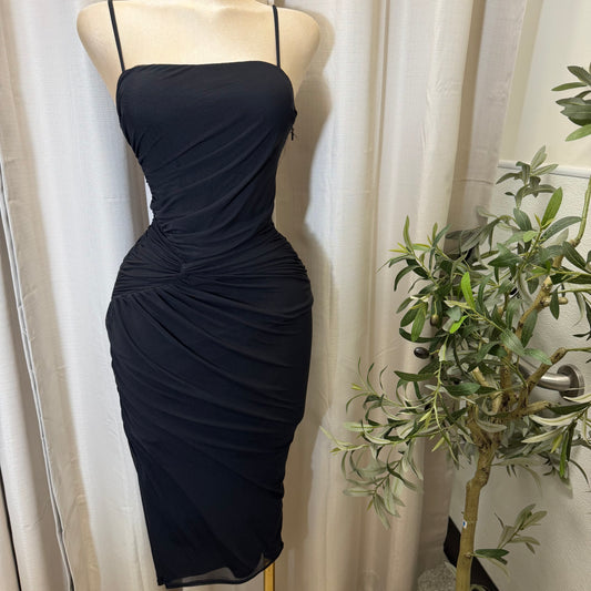 RUCHED MESH MIDI DRESS-Black