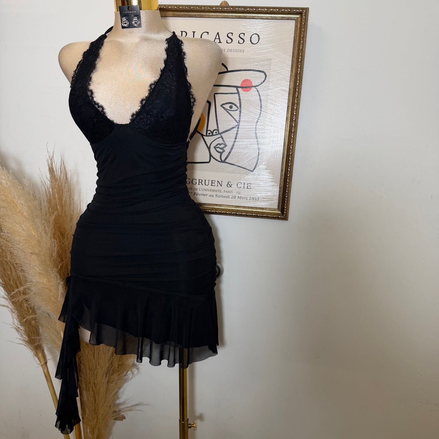 Asymmetrical Ruffle Mini Dress with Cross-Back Straps-Black