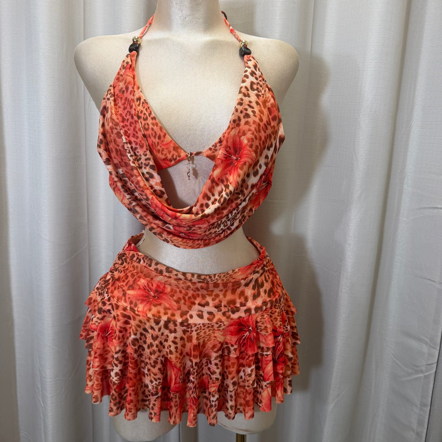 Floral halter open-Back Shirt set-Orange