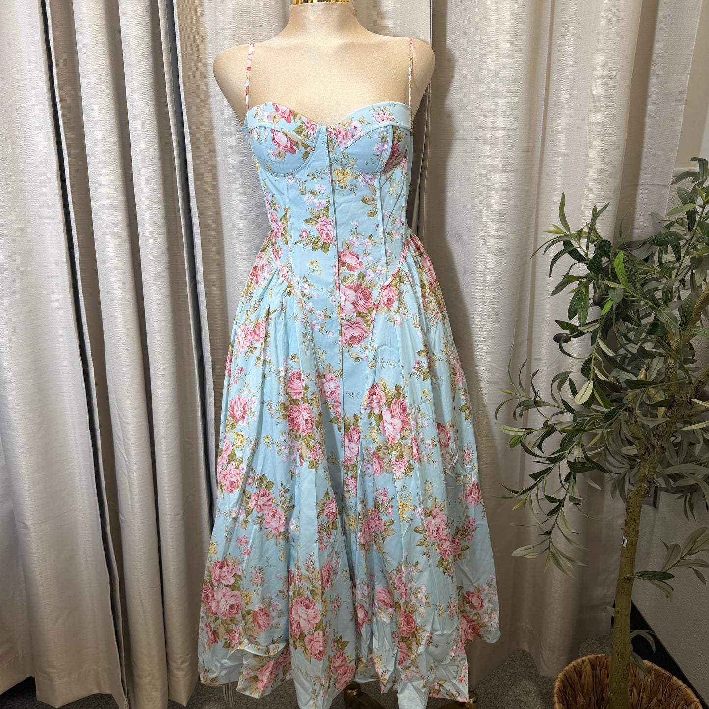 Floral Print Adjustable Straps Loose Maxi Dress-Light blue