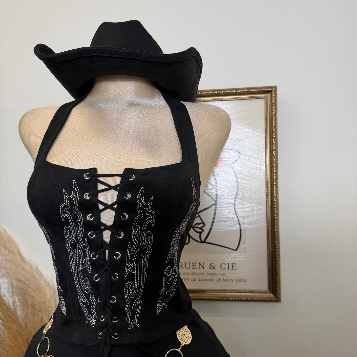 Tie Front suede Top with stitch Detail-Black