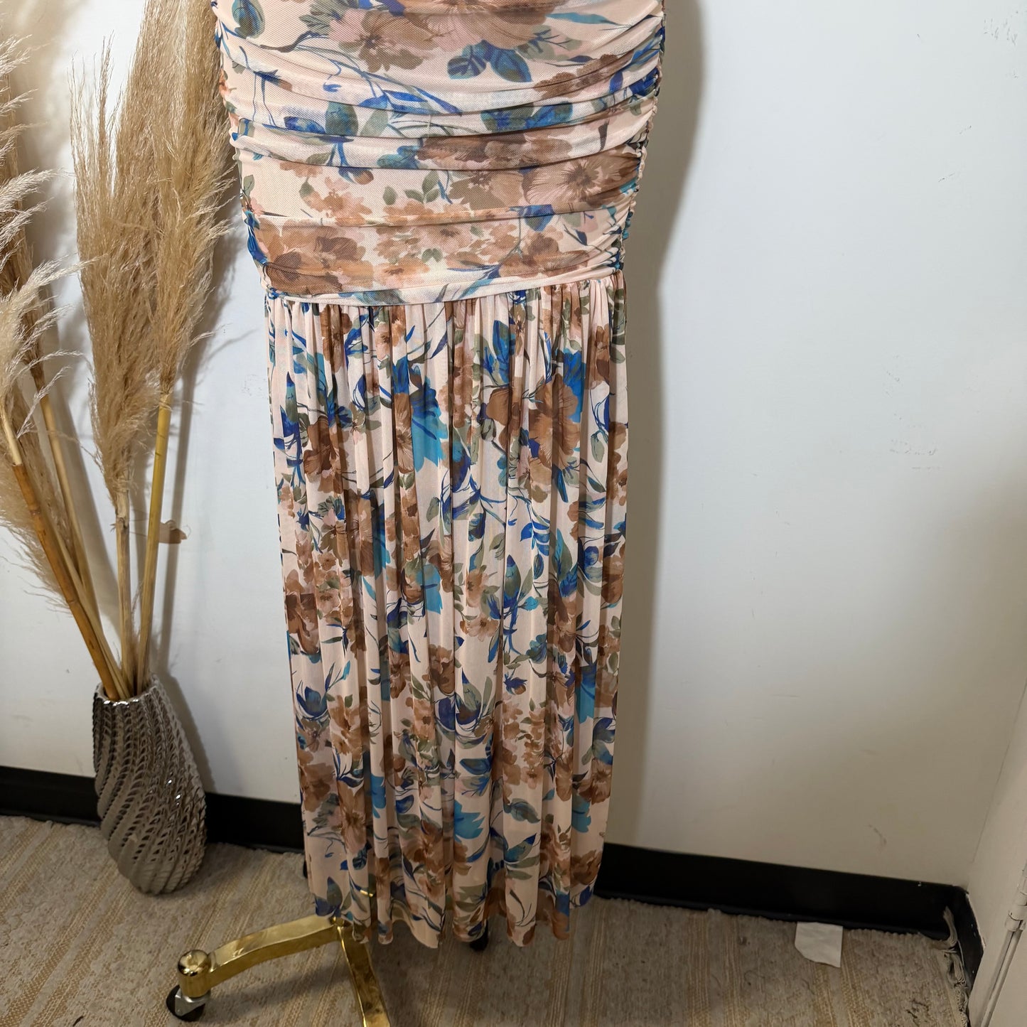 One Shoulder Mesh Maxi Dress-Brown
