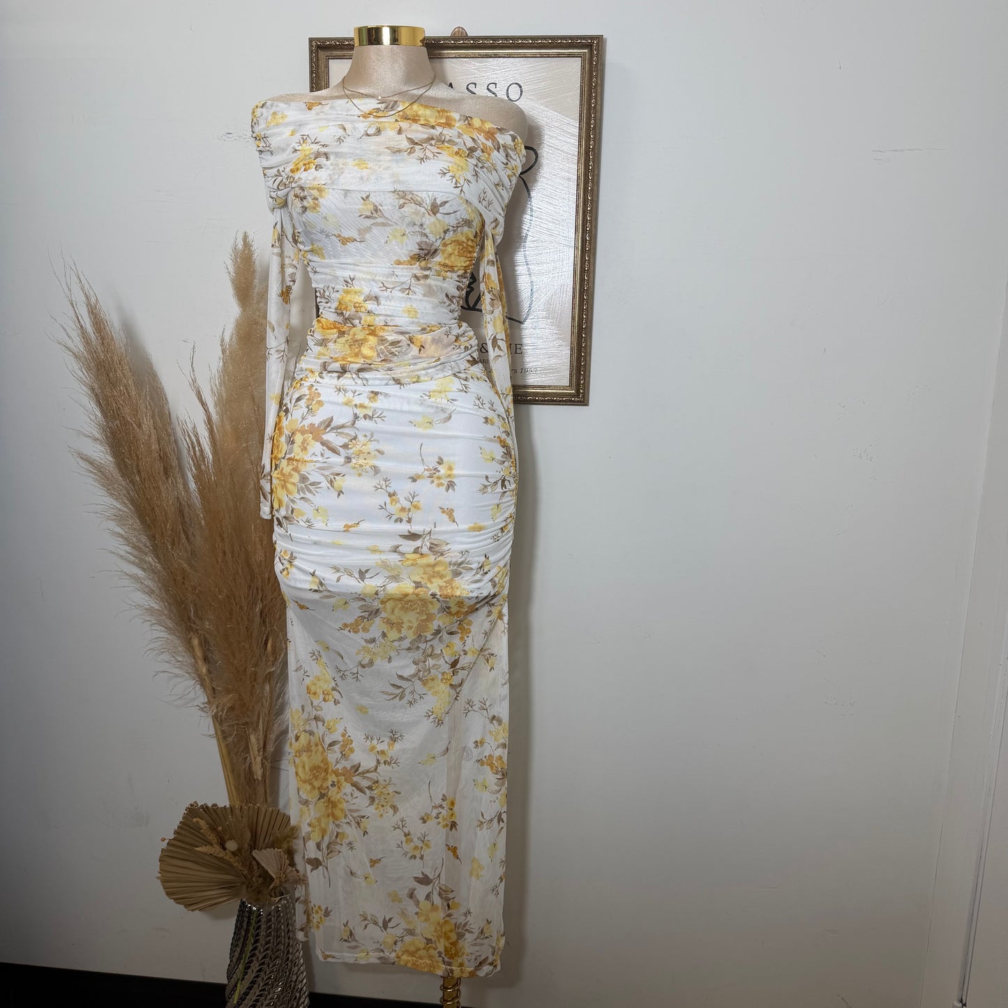 Off shoulder printed Mesh Top and ruched Maxi Skirt Set-Yellow Print