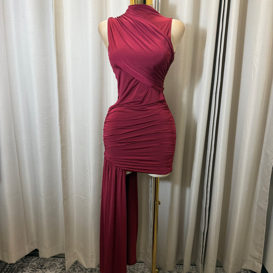 Asymmetric Wrap Dress-Burgundy