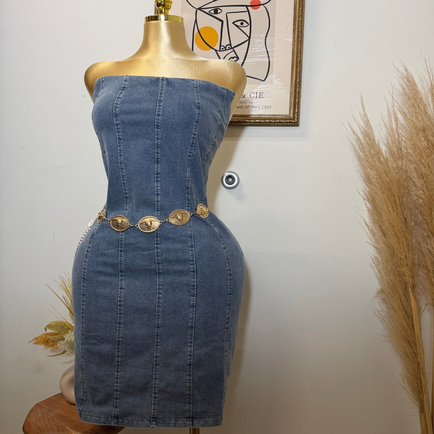 Denim Strapless Denim Dress PL-Blue