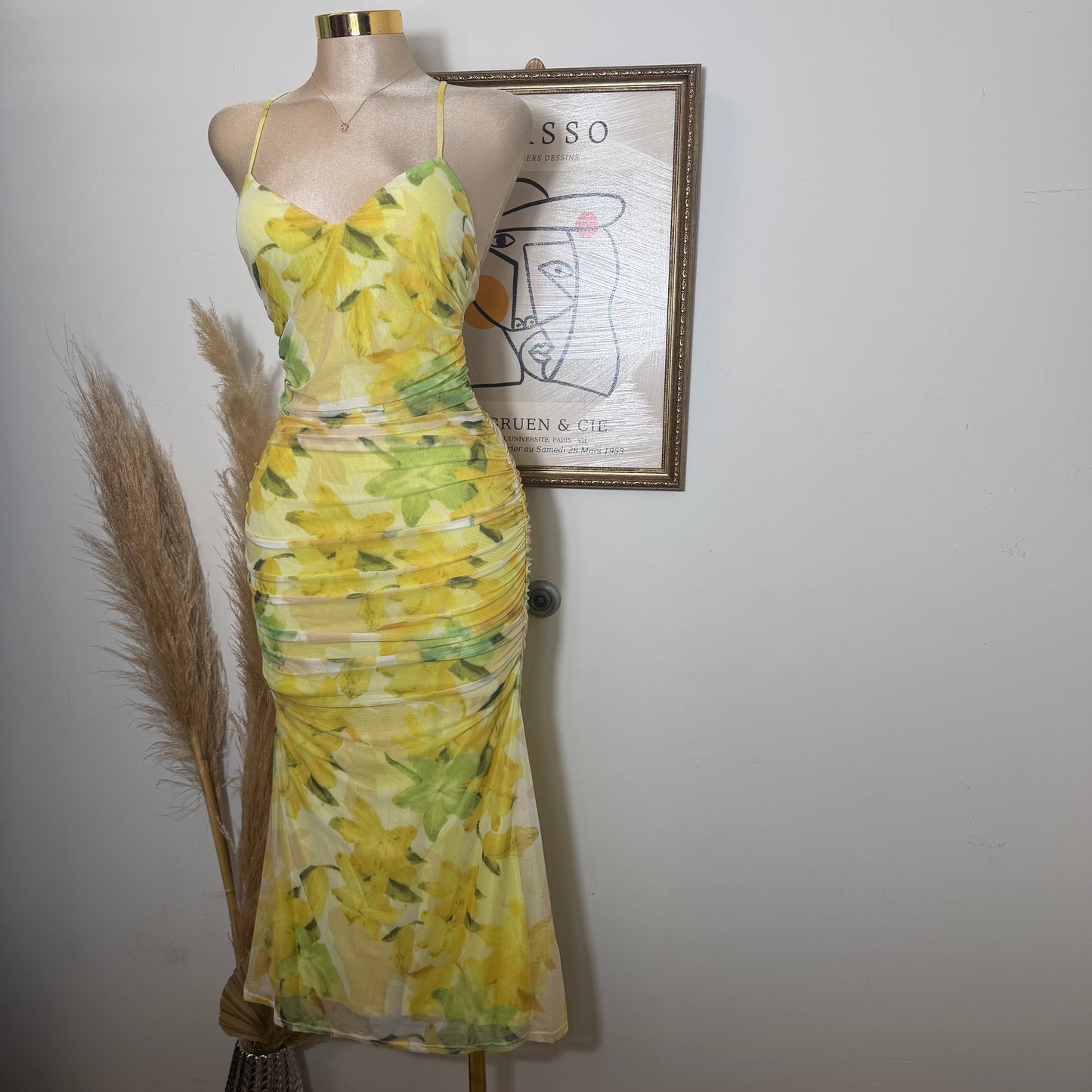 Mesh Print Midi Dress-Lemon