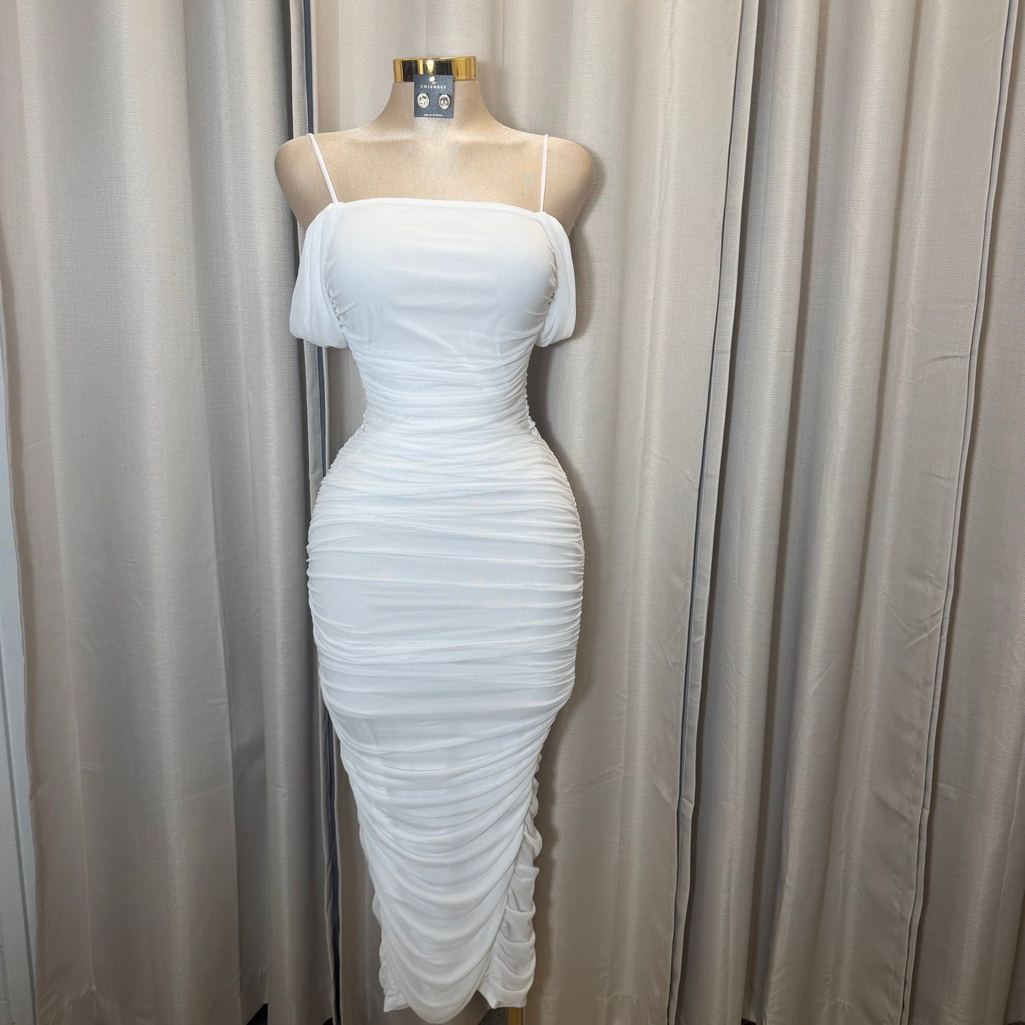 Mesh off shoulder Midi Dress-Ivory/White/Cream