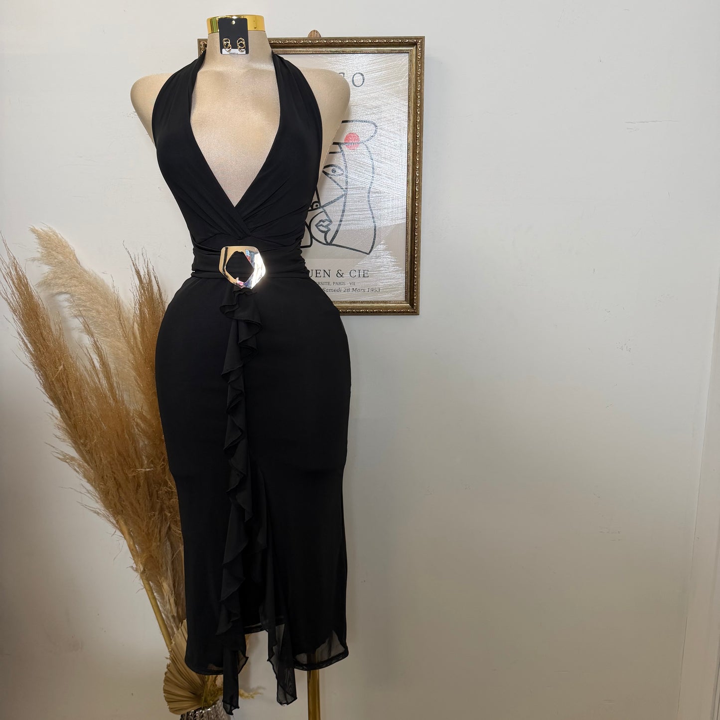 Halter self tie front ruffle midi dress-Black