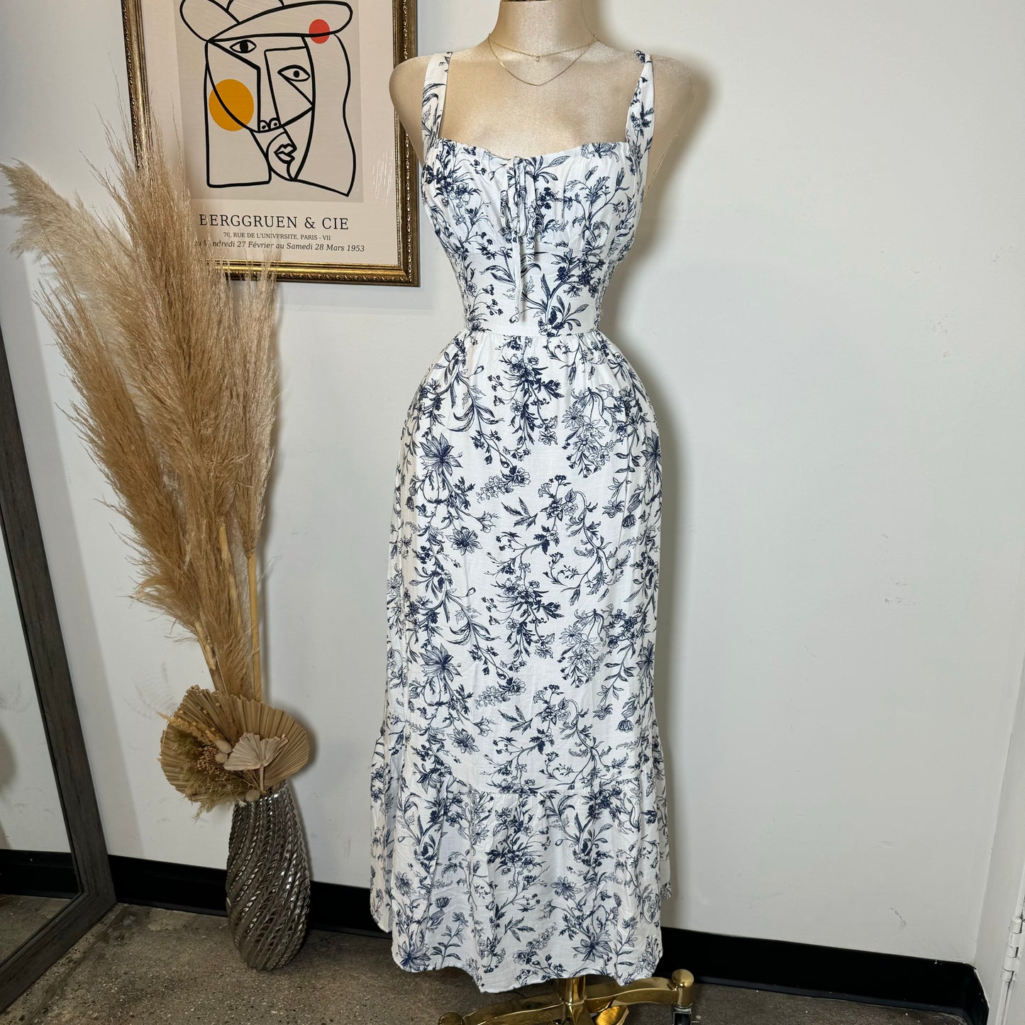 Picnic Corset Maxi  Dress-Blue/White