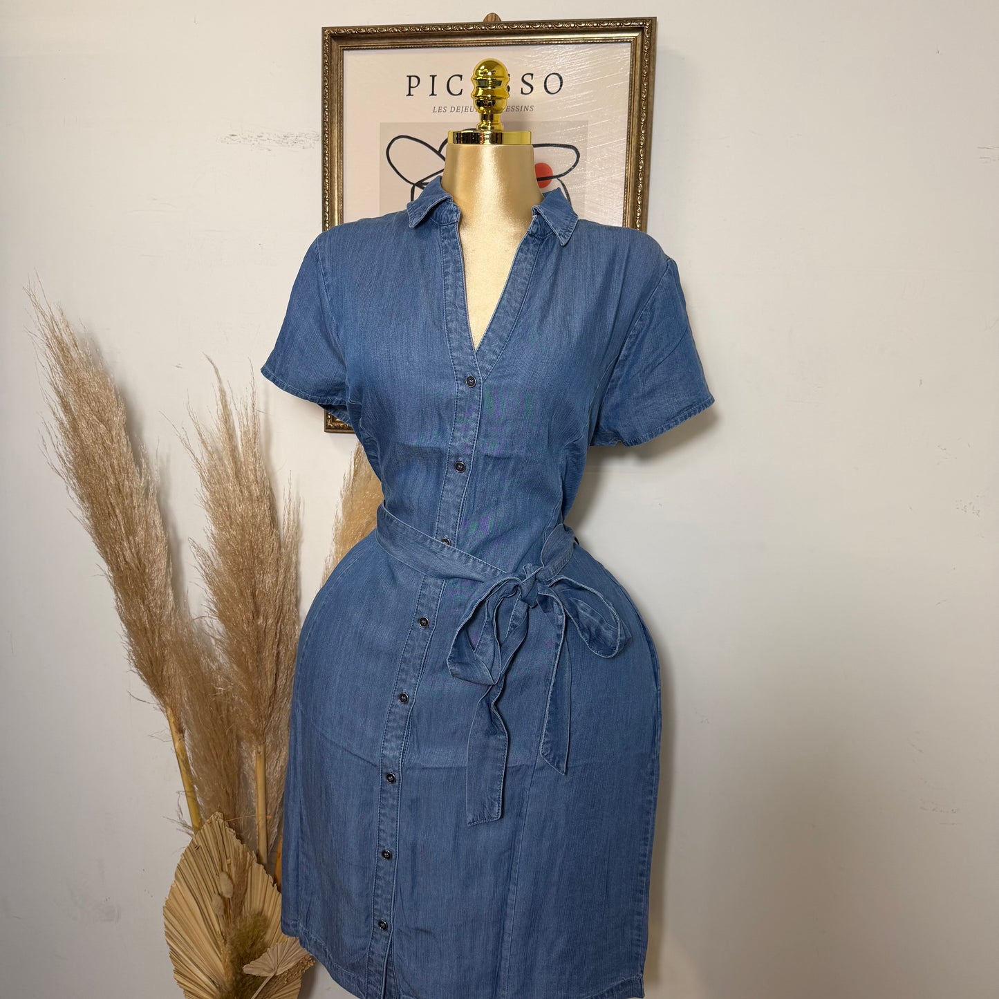 PL Button Down Belted Denim Dress-Blue
