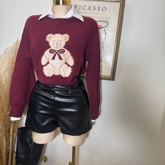 Teddy Jacquard Crew Neck Knit Pullover Sweater-Burgundy