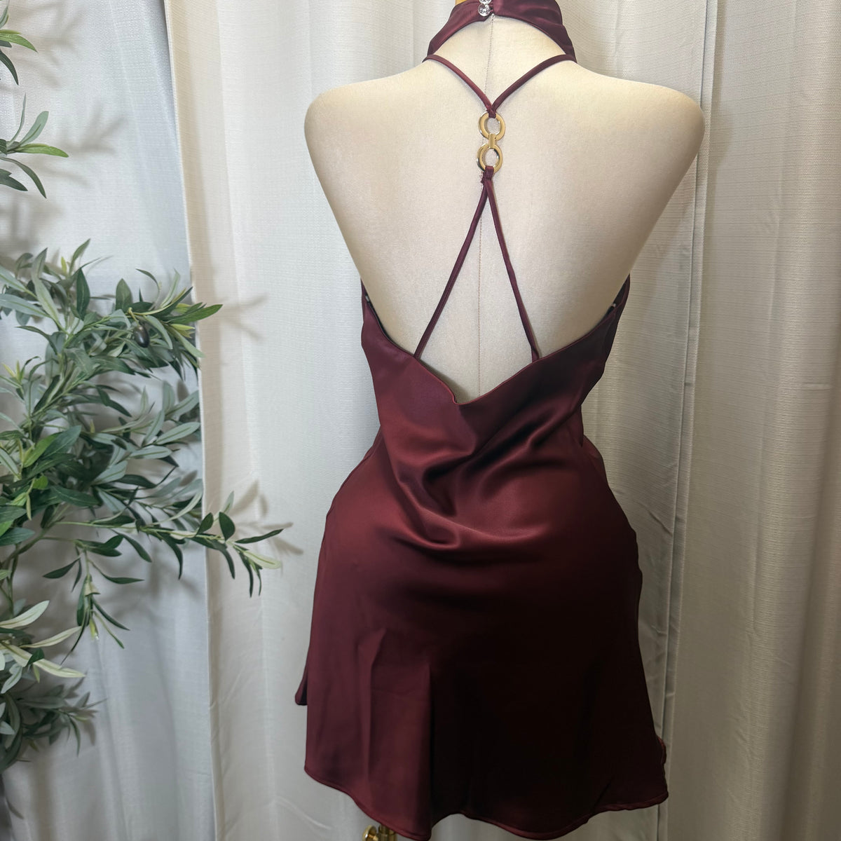 Halter Satin Mini Dress-Burgundy