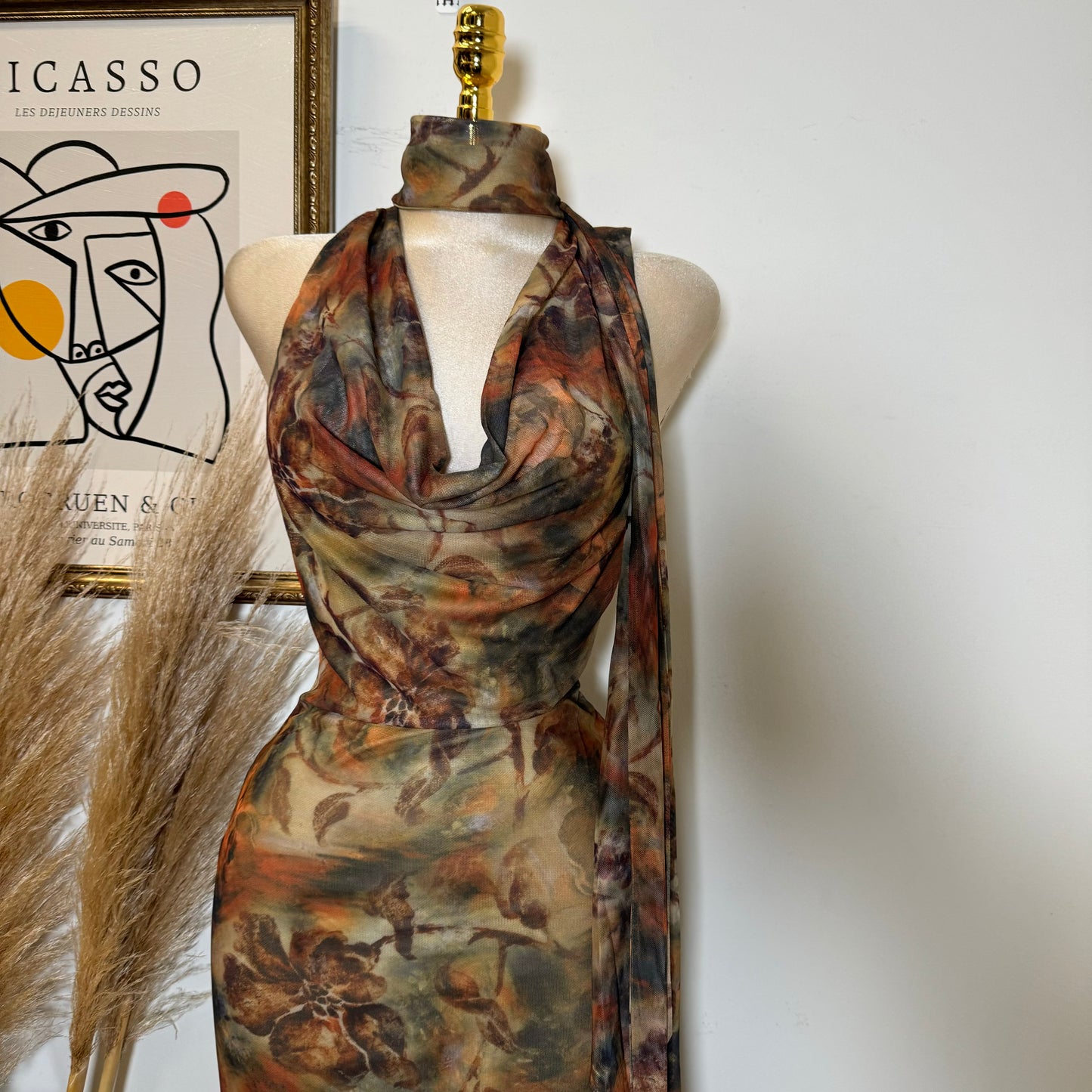 Mesh print Jersey Halter cowl Neck Midi Dress-Brown