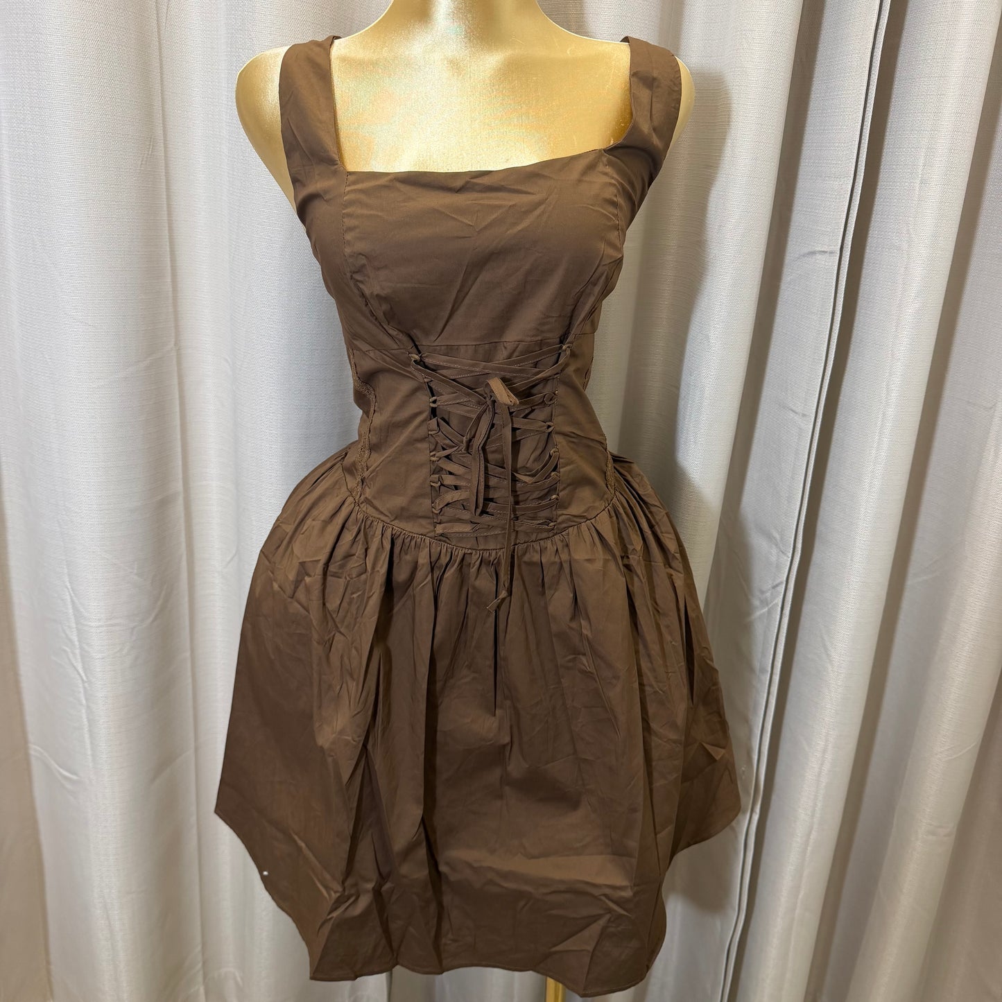 PL-Square Neck Mini Dress-Brown