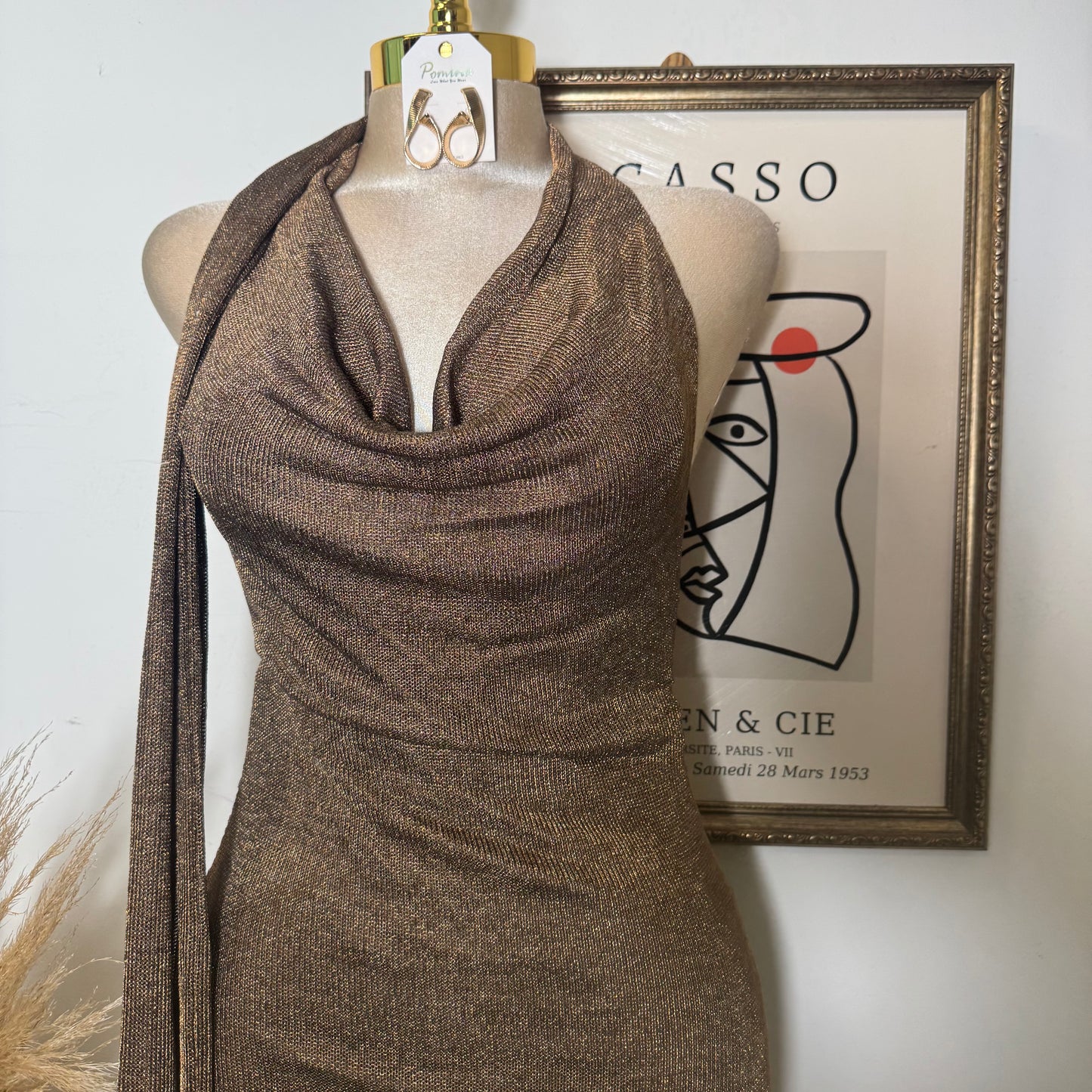 Cowl Halter Scarf Metallic Chainmail Mini Dress-Brown