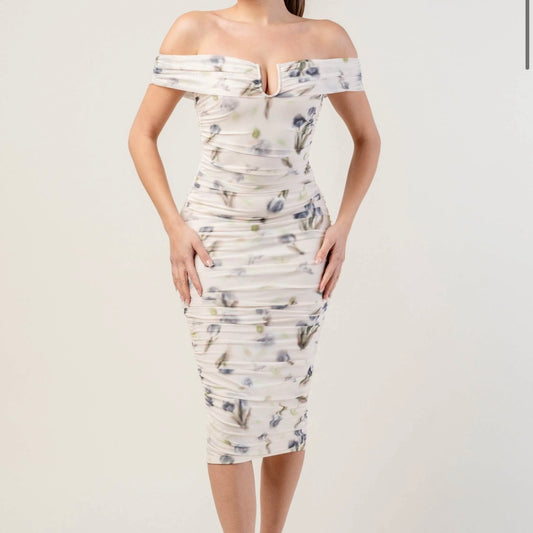 Spring Off shoulder Dress-Cream Multi