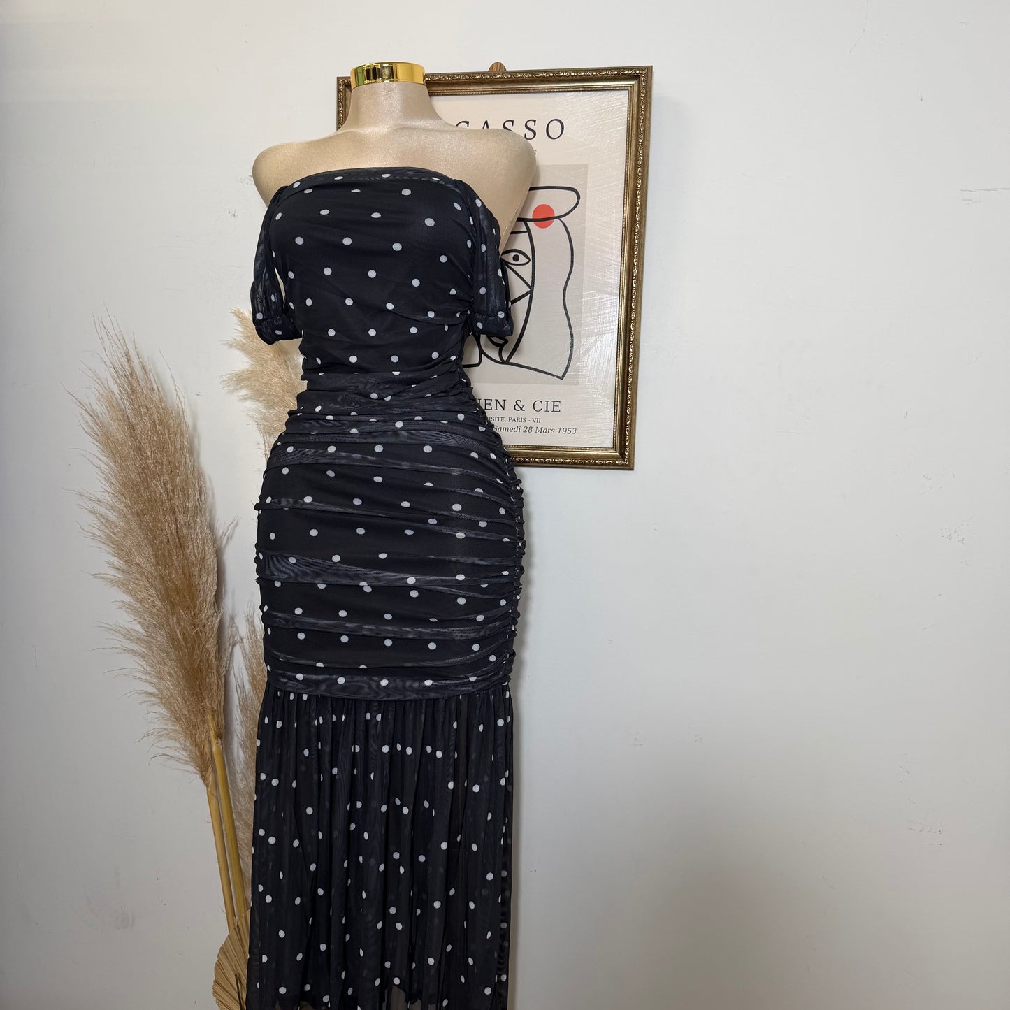Polka Dot off shoulder Ruched Midi Dress-Black and White