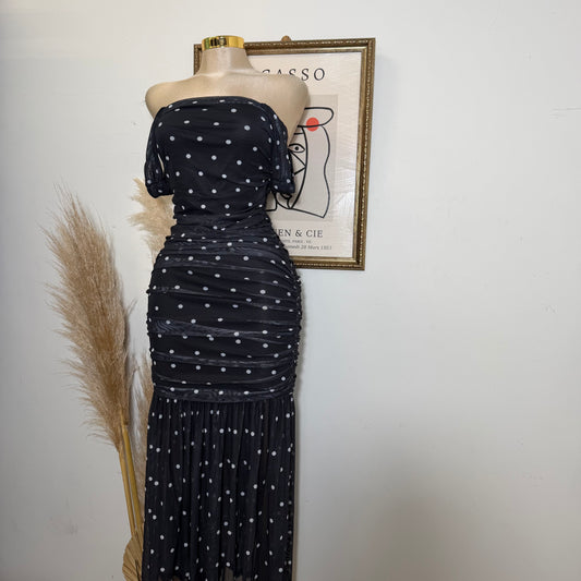 Polka Dot off shoulder Ruched Midi Dress-Black and White