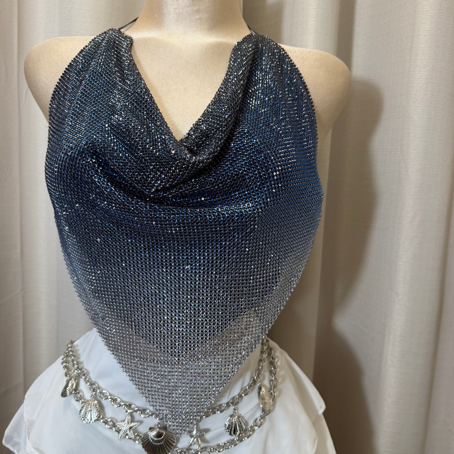 Draped Cowl neck backless halter Top-ombré blue