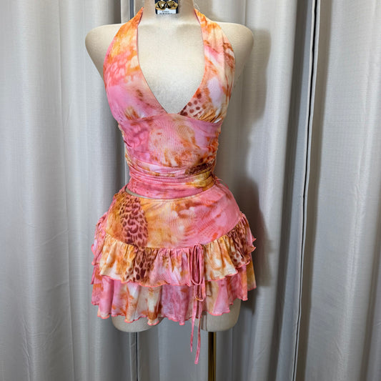 Halter Skirt Flare Set-Pink