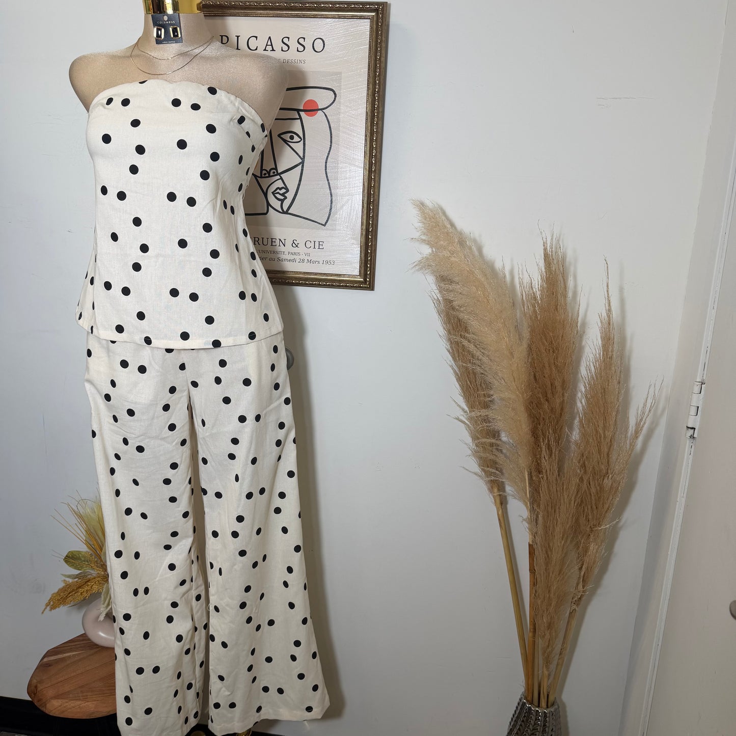 Polka Dot Linen Strapless Pant Set -Cream
