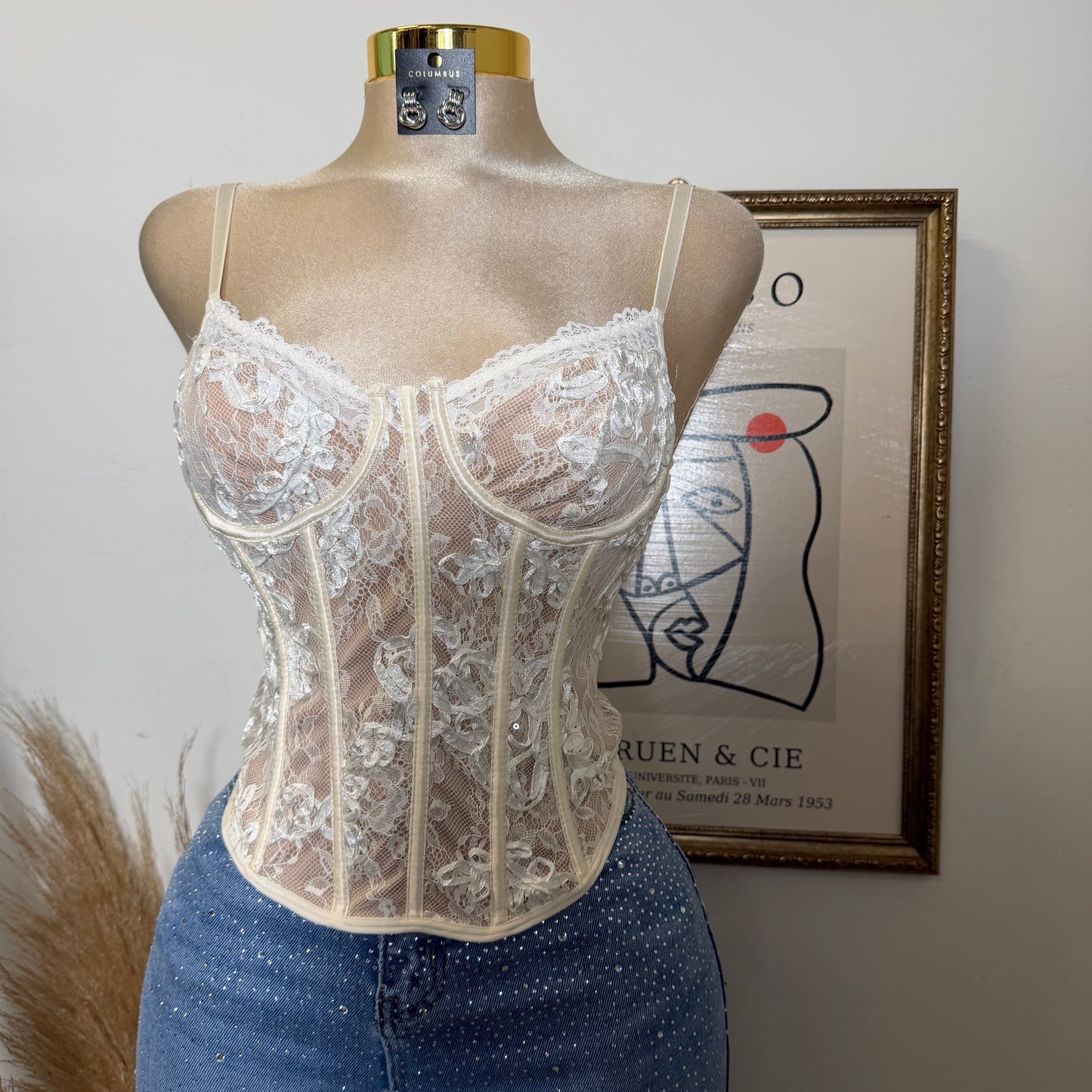 Lace Flower Wire Bra Corset-White