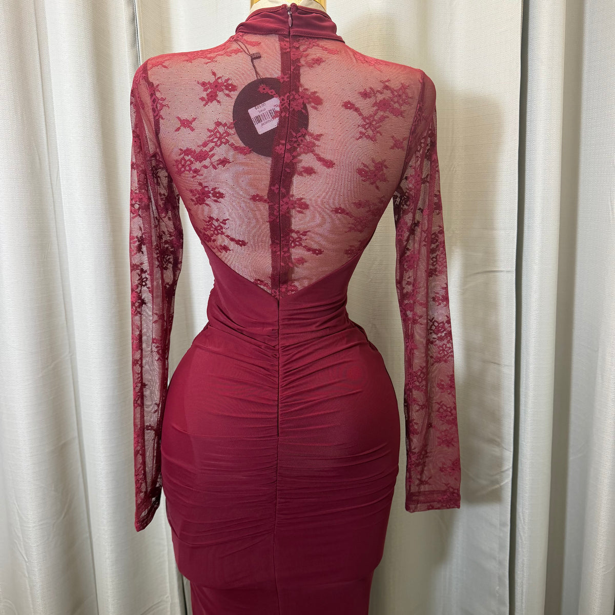 Korean Lace Long Sleeve Midi Dress-Burgundy