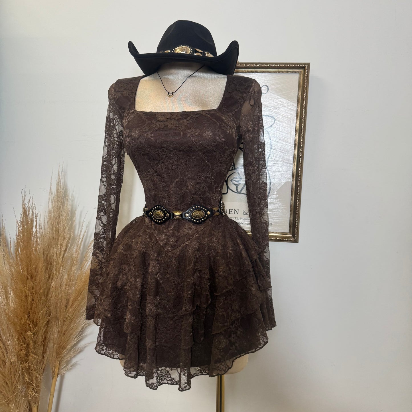 Lace Long Sleeve Ruffle Layered Mini Dress-Brown