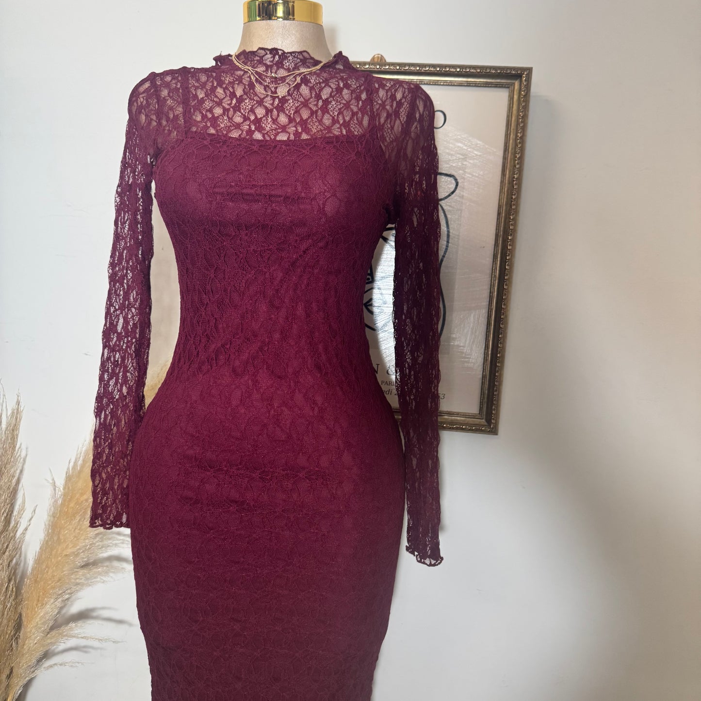 Rosie Lace Midi Dress-Burgundy