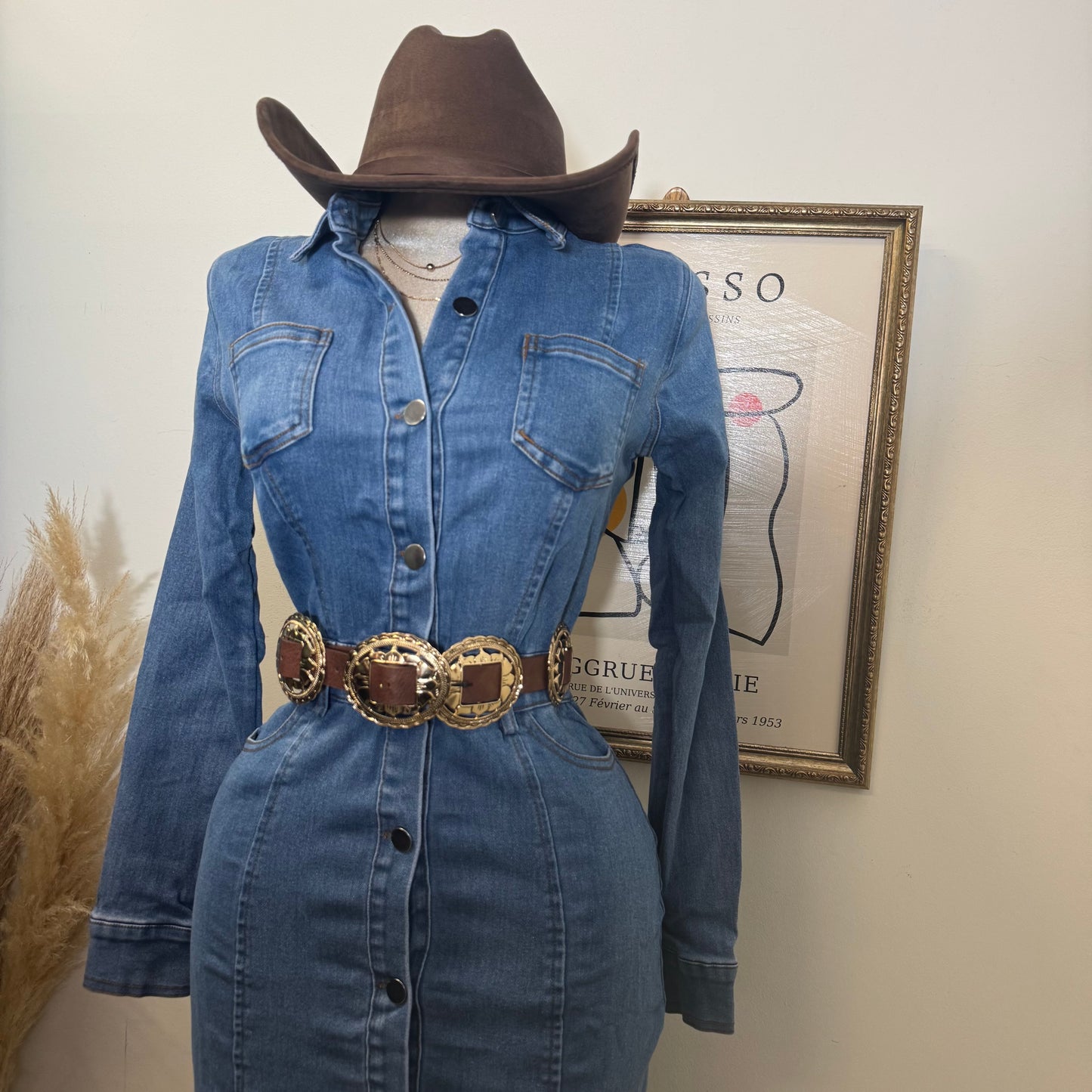 Denim Button Long Dress-Medium Wash